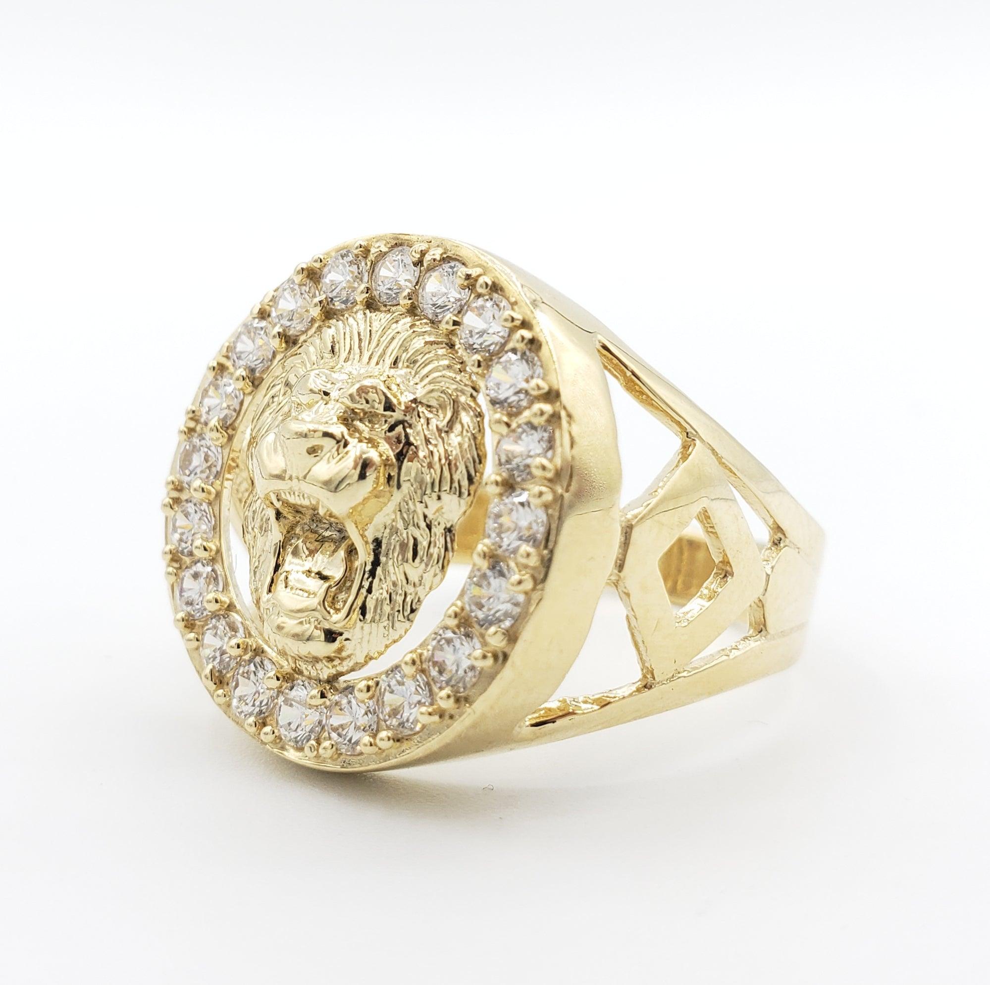 14K Gold- Men's Lion Head Ring with CZ Trim | 7.6 Grams