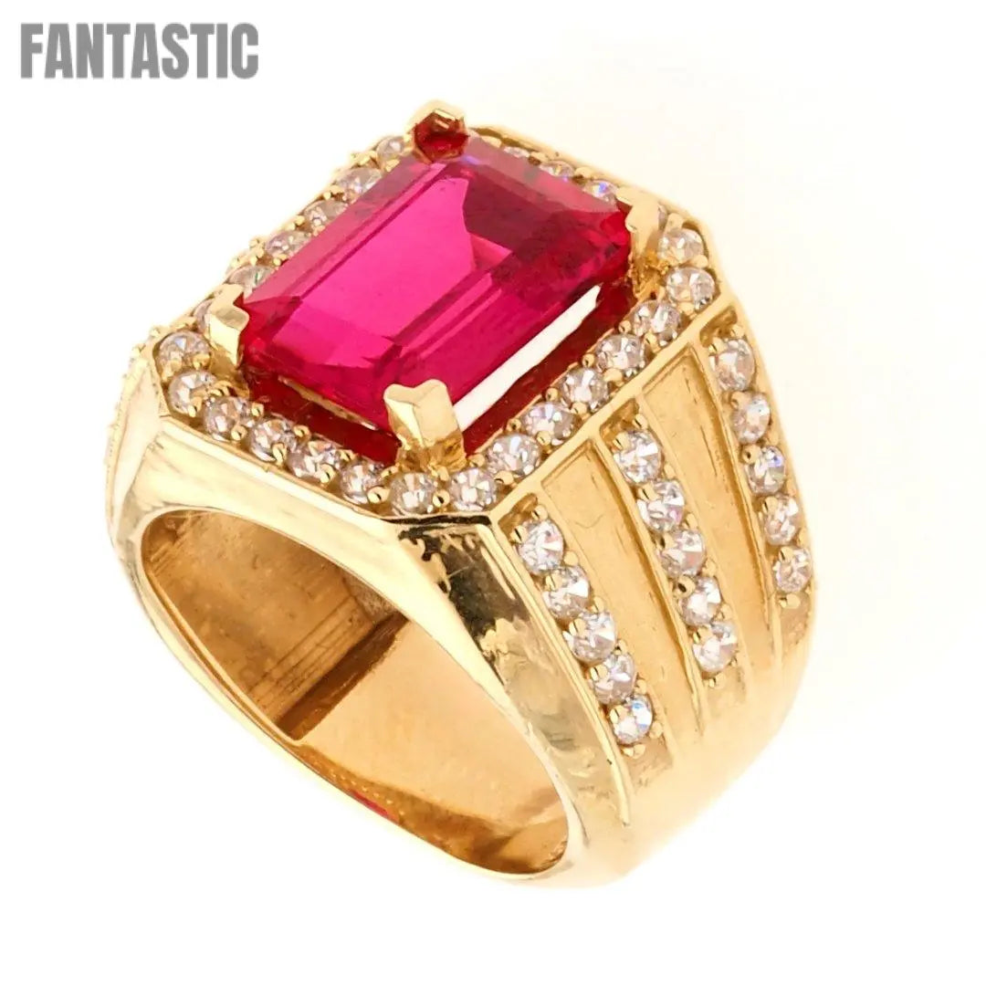 14K gold men's red stone CZ ring