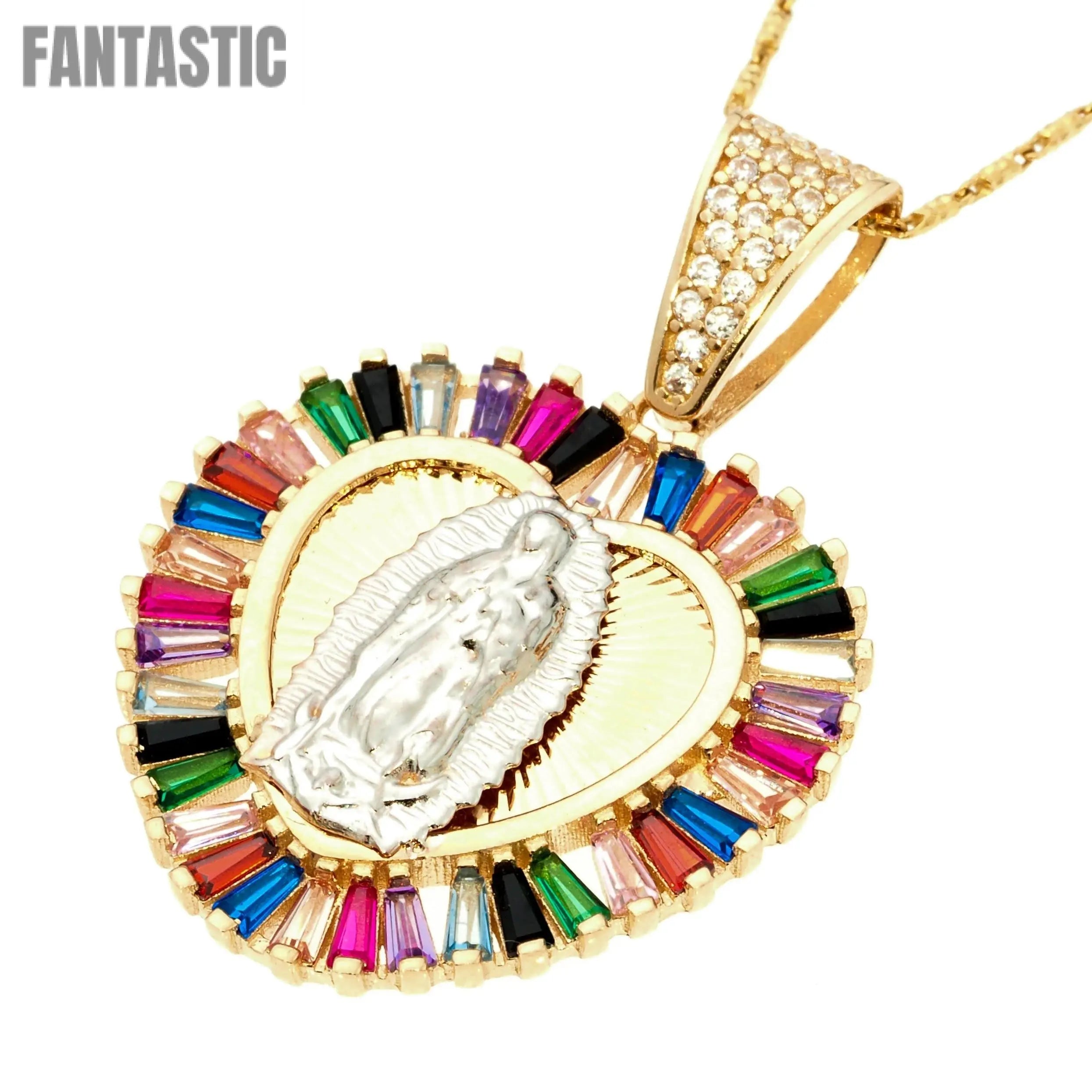 14K gold Colorful Crystal Virgin of Guadalupe Heart pendant