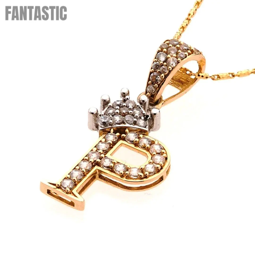 14K gold CZ crown initial letter P pendant