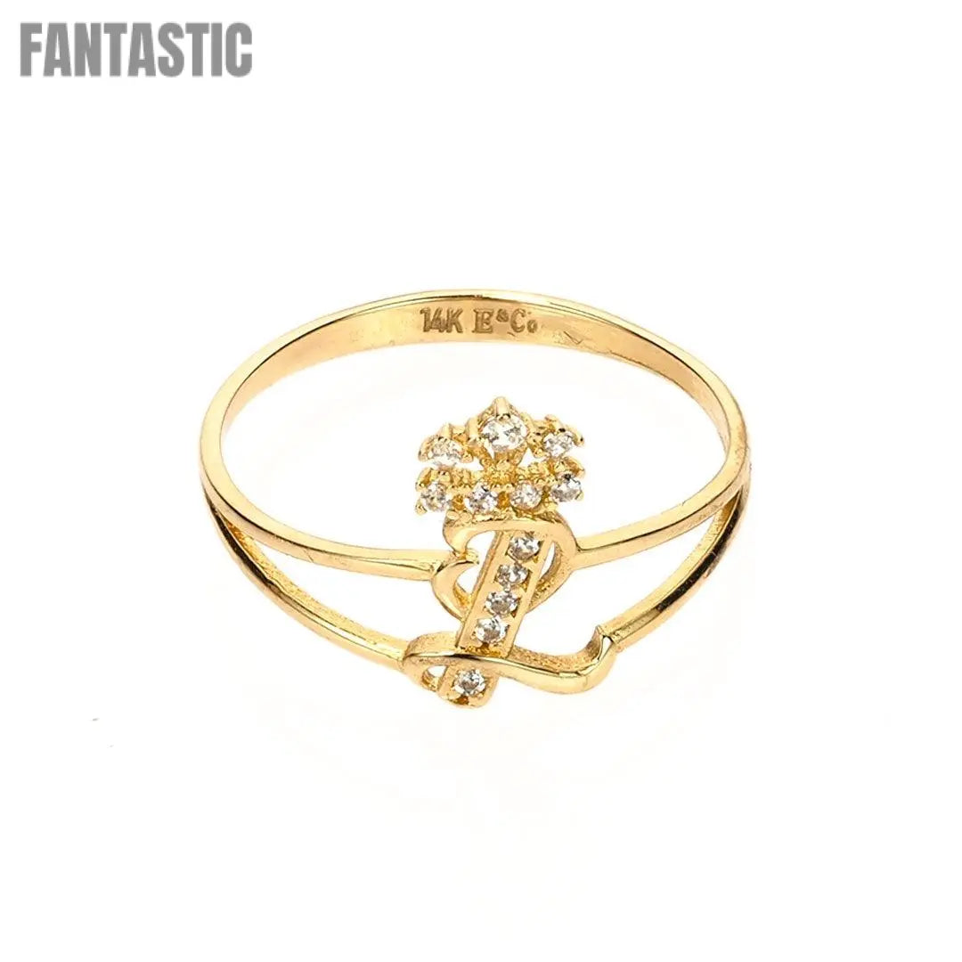 Crown Initial Letter 'I' Ring in 14K Gold with CZ