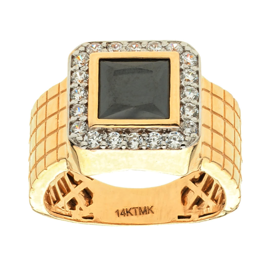 Mens Square Black Onyx Stone Ring | 14K Gold With Cz