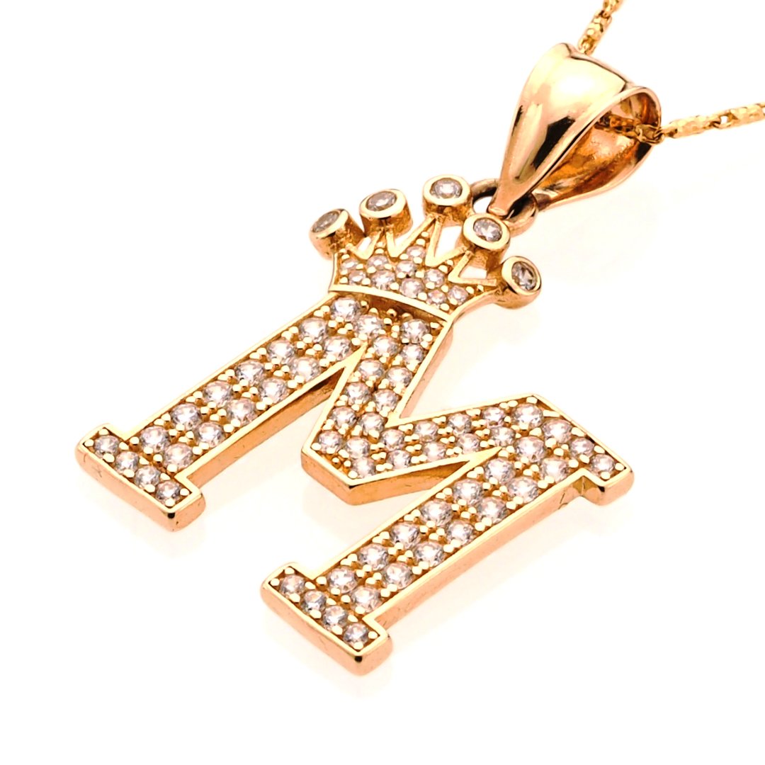 Crown Initial Letter 'M' Flat Pendant in 14K Gold with CZ