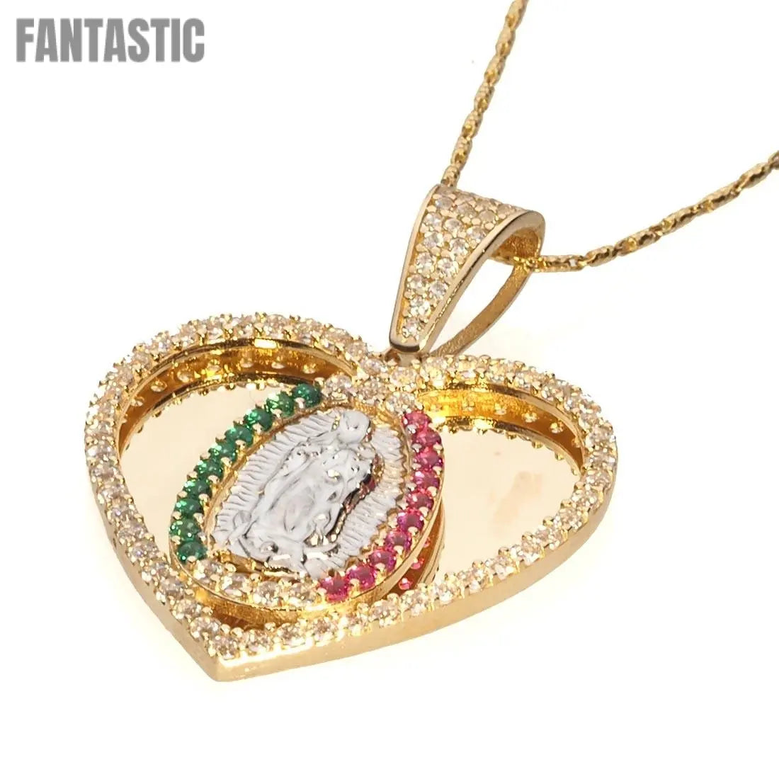 14K gold CZ Virgin of Guadalupe Heart pendant