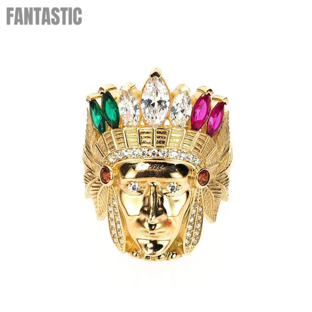 Mens Native American chief head ring with multicolor stones | 14K Gold With Cz - Fantastic Jewelry NYC
