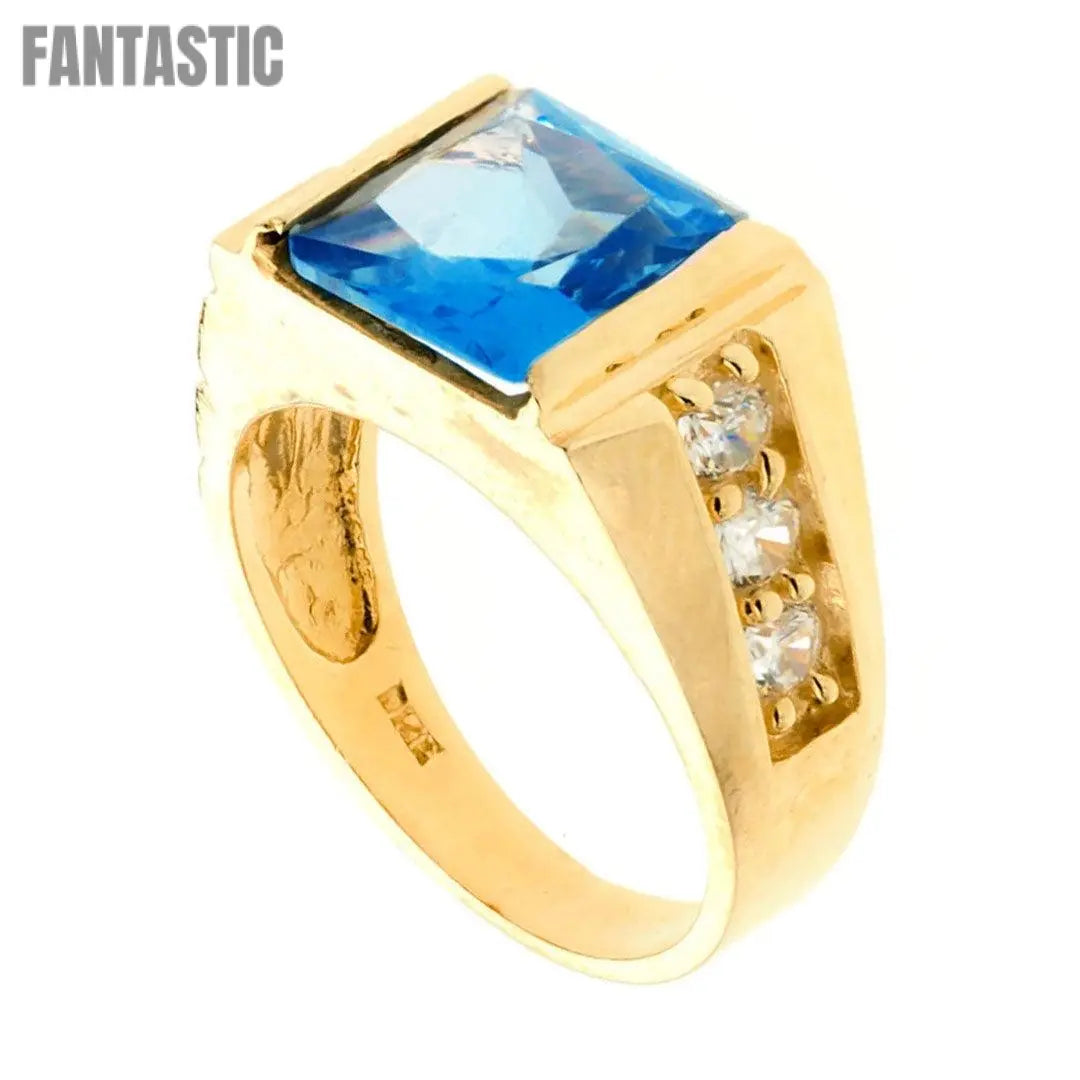 14K gold men’s rectangular blue sapphire CZ ring
