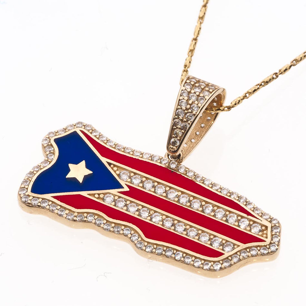 Puerto Rico Map-Flag Pendant | 14K Gold With Cz - Fantastic Jewelry NYC