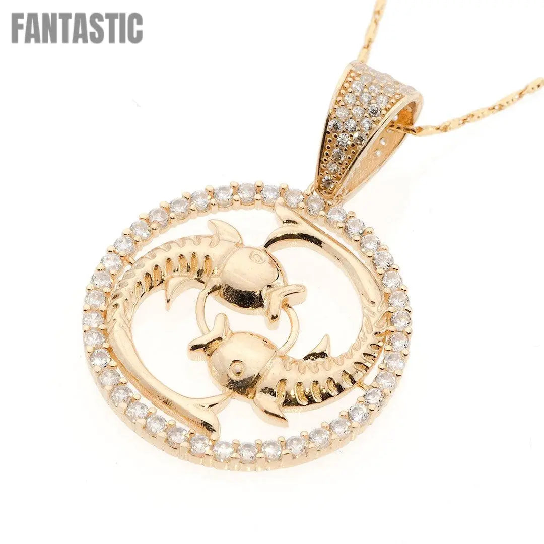 PIsces Zodiac Pendant | 14K Gold With Cz - Fantastic Jewelry NYC