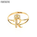 14K Gold CZ Crown Initial Letter R Ring