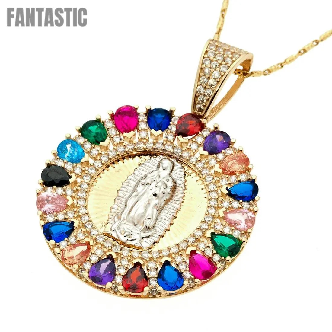 Raunded Shape Guadalupe Virgin Colorful stones Pendant | 14K Gold With zirconia - Fantastic Jewelry NYC