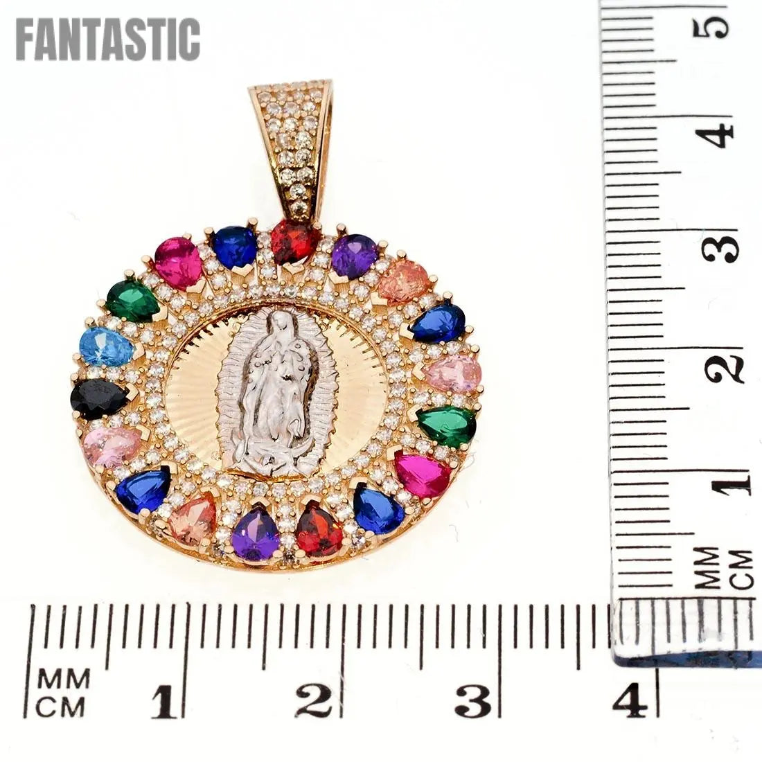 Raunded Shape Guadalupe Virgin Colorful stones Pendant | 14K Gold With zirconia - Fantastic Jewelry NYC