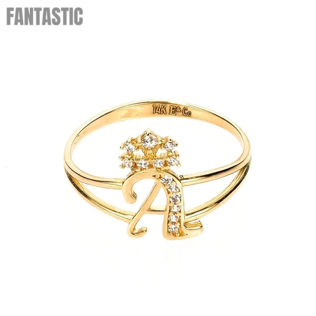 Crown Initial Letter 'A' Ring in 14K Gold with CZ