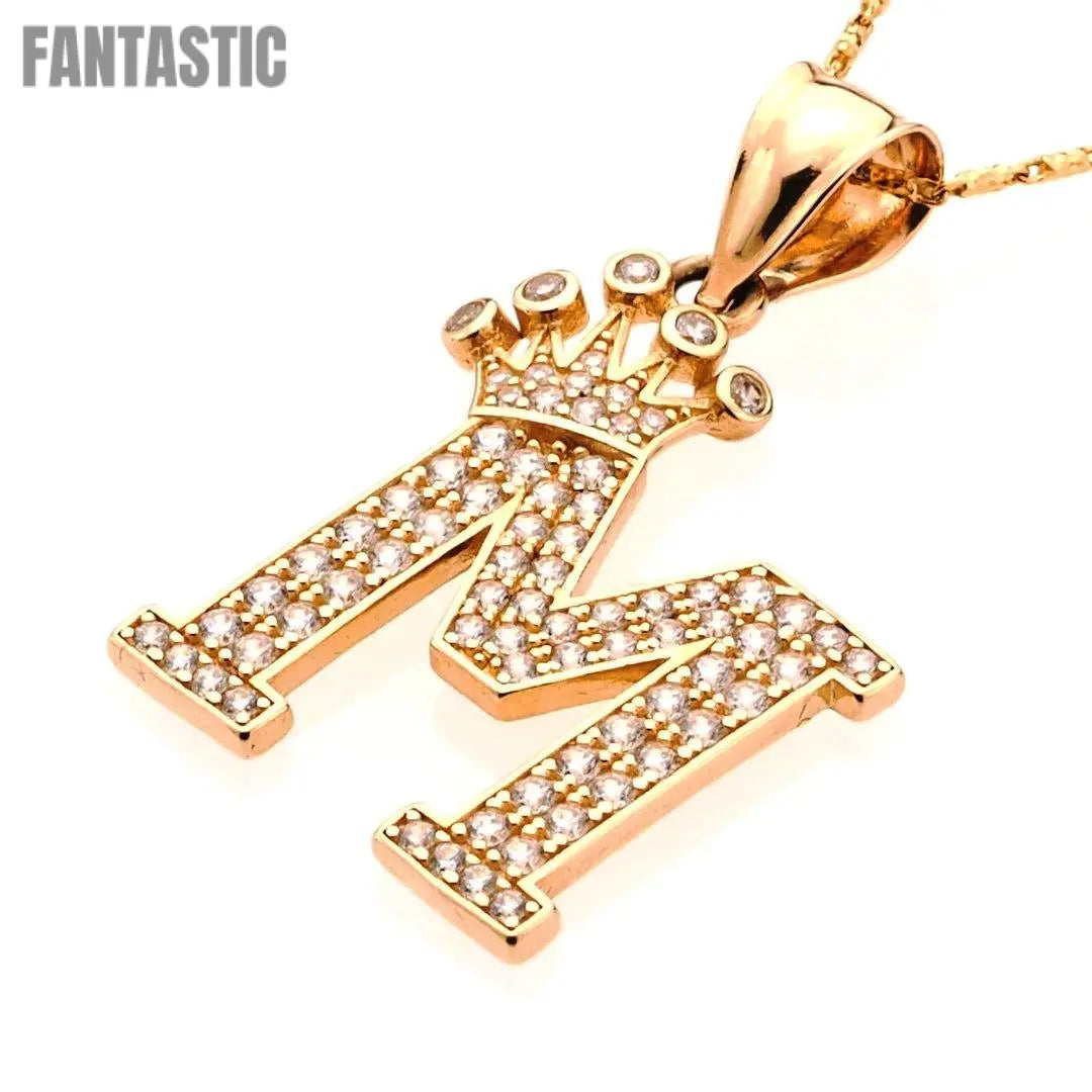 Crown Initial Letter 'M' Flat Pendant in 14K Gold with CZ