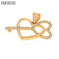 14K Gold CZ Heart and Key Pendant