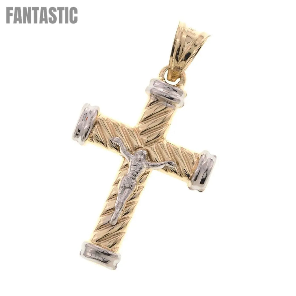 Two Tone Twisted Cross Jesus Christ crucifixion Pendant in Gold 10K Fantastic Jewelry NYC